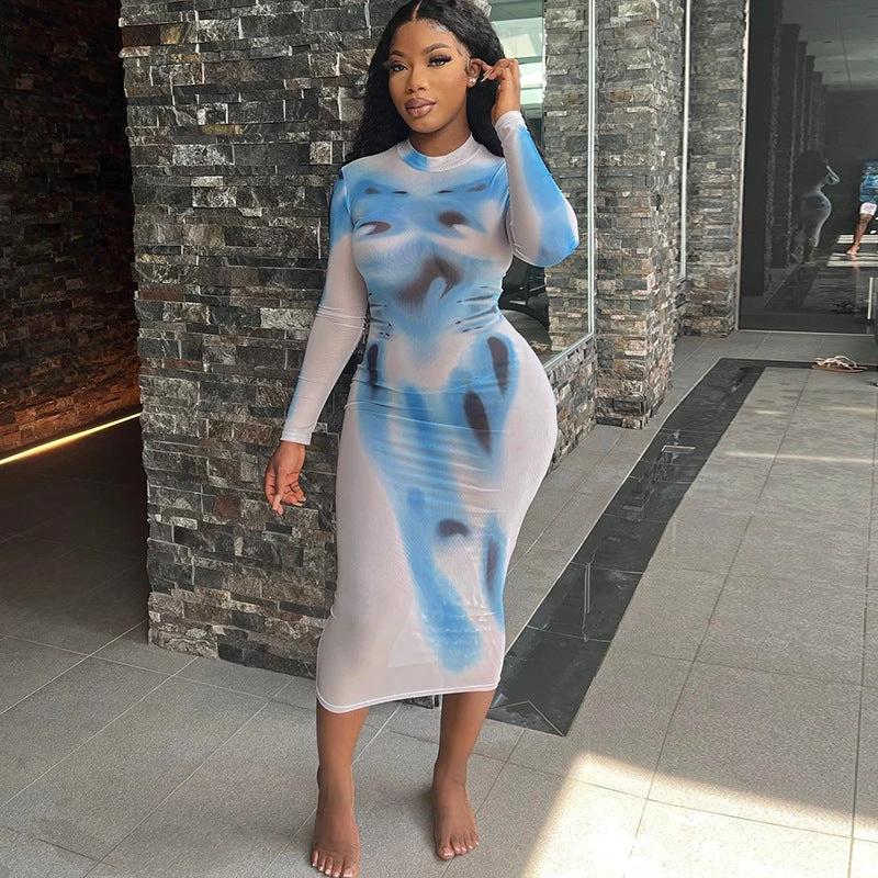 New Street Print Round Neck High Waist Pullover Long Sleeve Slim Wrap Buttock Long Dress For Women by GJG Denim