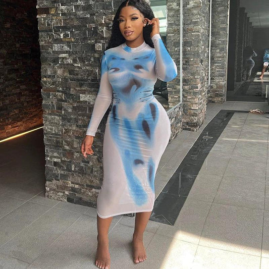New Street Print Round Neck High Waist Pullover Long Sleeve Slim Wrap Buttock Long Dress For Women by GJG Denim