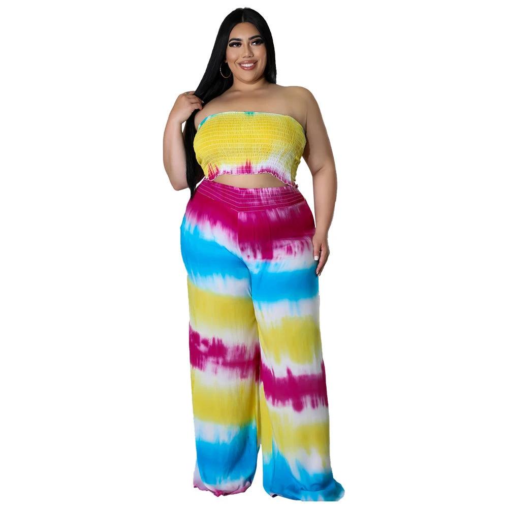 Women's Tie-dye Print Chest-wrapped Backless Plus Size Two-piece Suit by GJG Denim