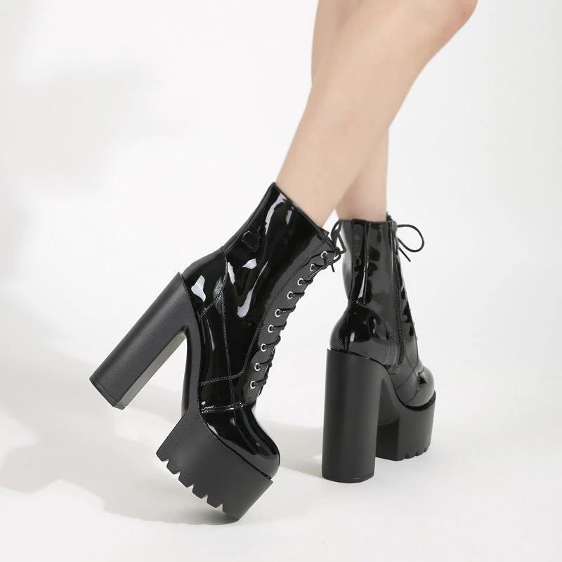 Women's Ultra-high Heel Chunky Heel Waterproof Platform Thin Boots by GJG Denim