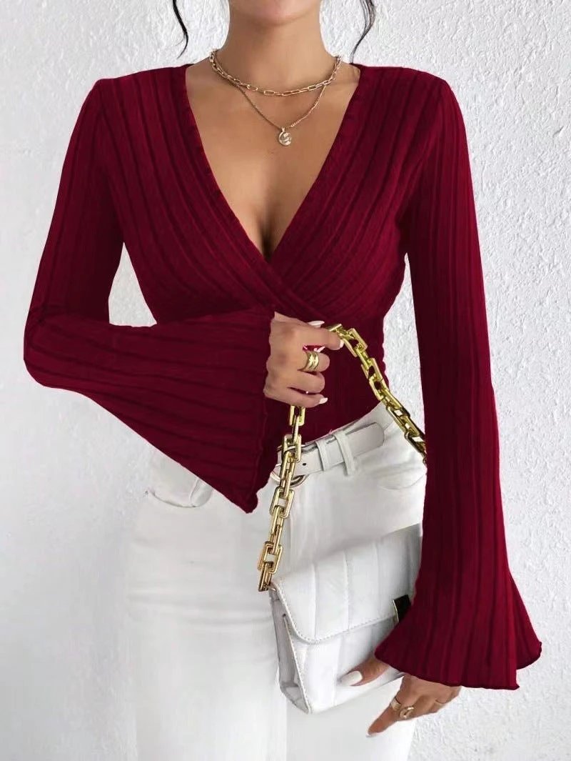 Women's Autumn And Winter Rib Sunken Stripe V-neck Flared Slim-fit Long Sleeve T-shirt Elegant Women's Top by GJG Denim