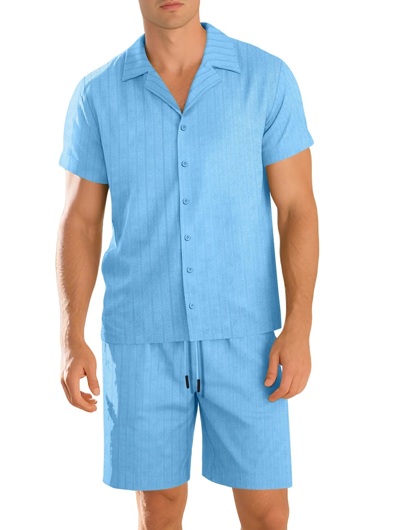 Men's Casual Button-Down Short-Sleeve Shirt And Shorts Set by GJG Denim