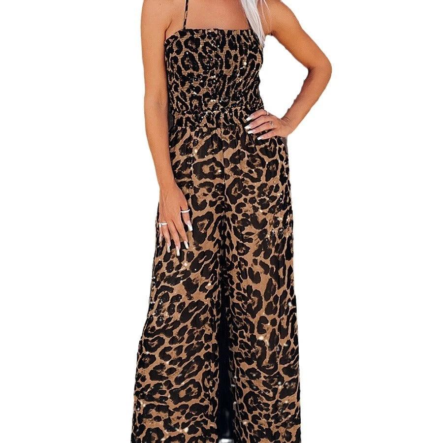 Women's Leopard Print Halter Backless Jumpsuit by GJG Denim