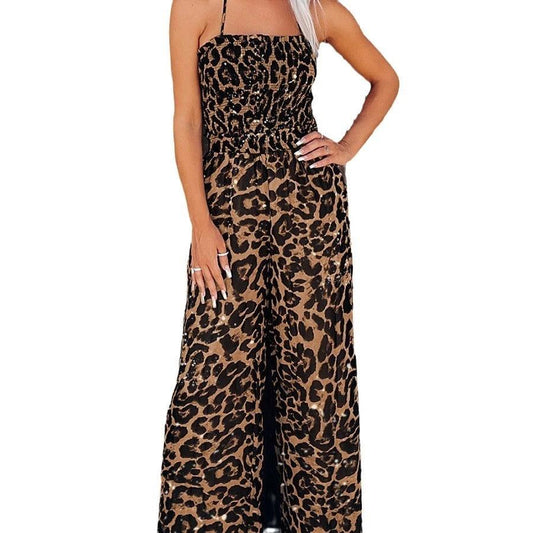 Women's Leopard Print Halter Backless Jumpsuit by GJG Denim