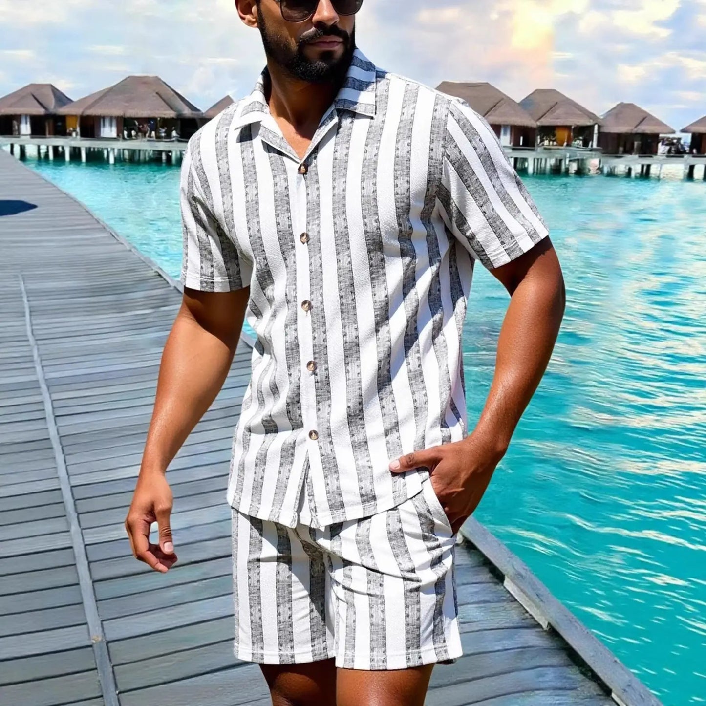 Men's Casual Shirt And Loose Shorts Set by GJG Denim