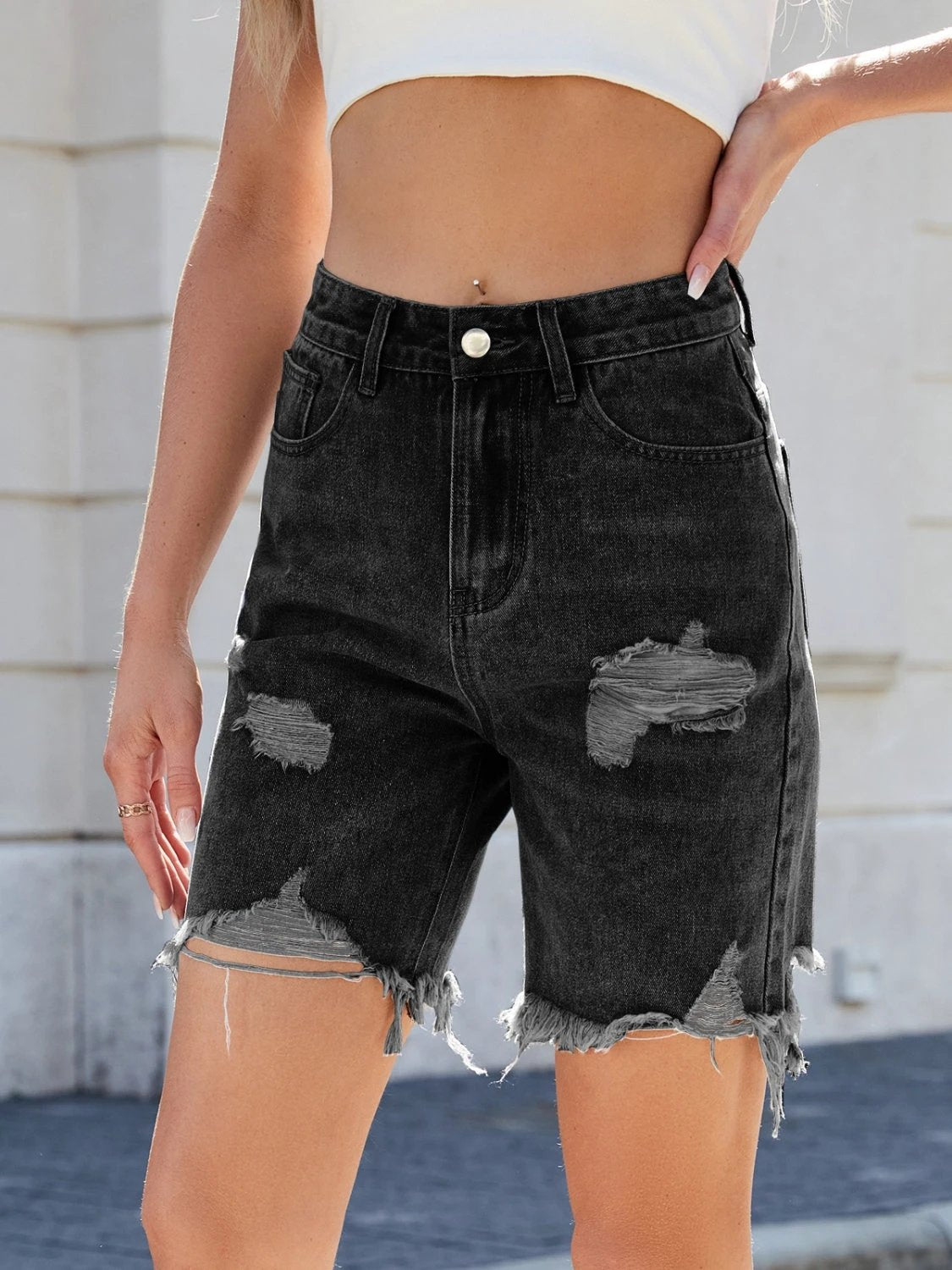 Distressed Raw Hem Denim Shorts by Lady Ros