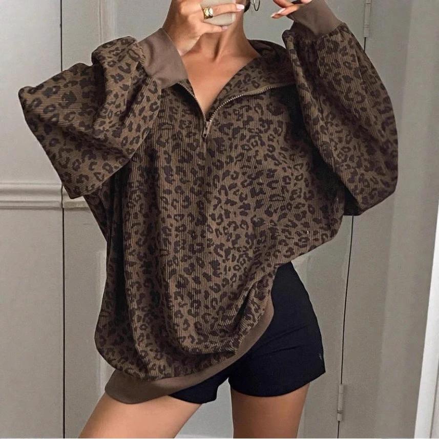 Casual Leopard Print Pattern Corduroy Zipper Sweater by GJG Denim
