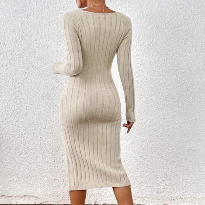 Square Collar Long Sleeve Knitted Dress Women by GJG Denim