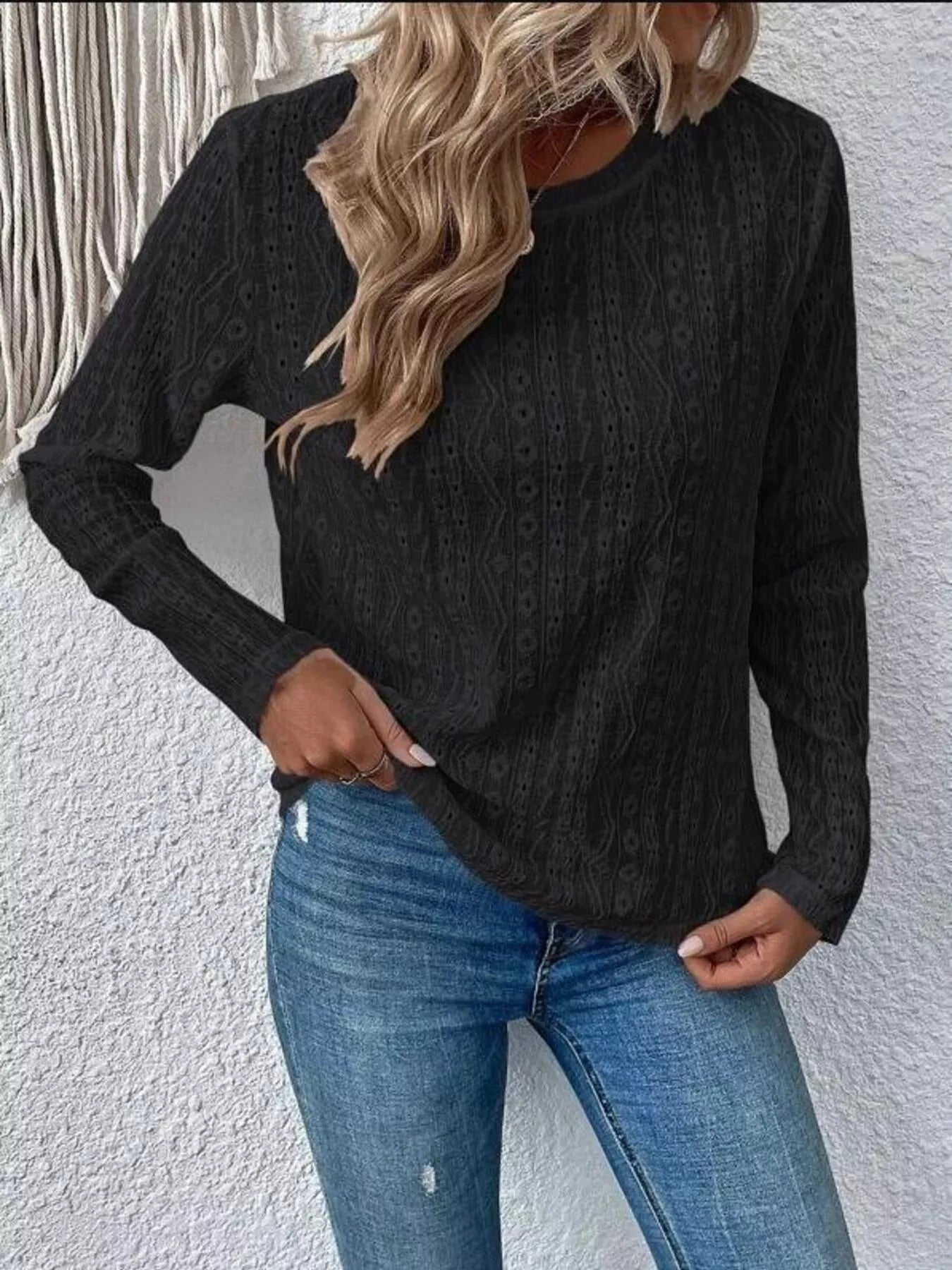 Full Size Eyelet Round Neck Long Sleeve Blouse Plus Size by Lady Ros