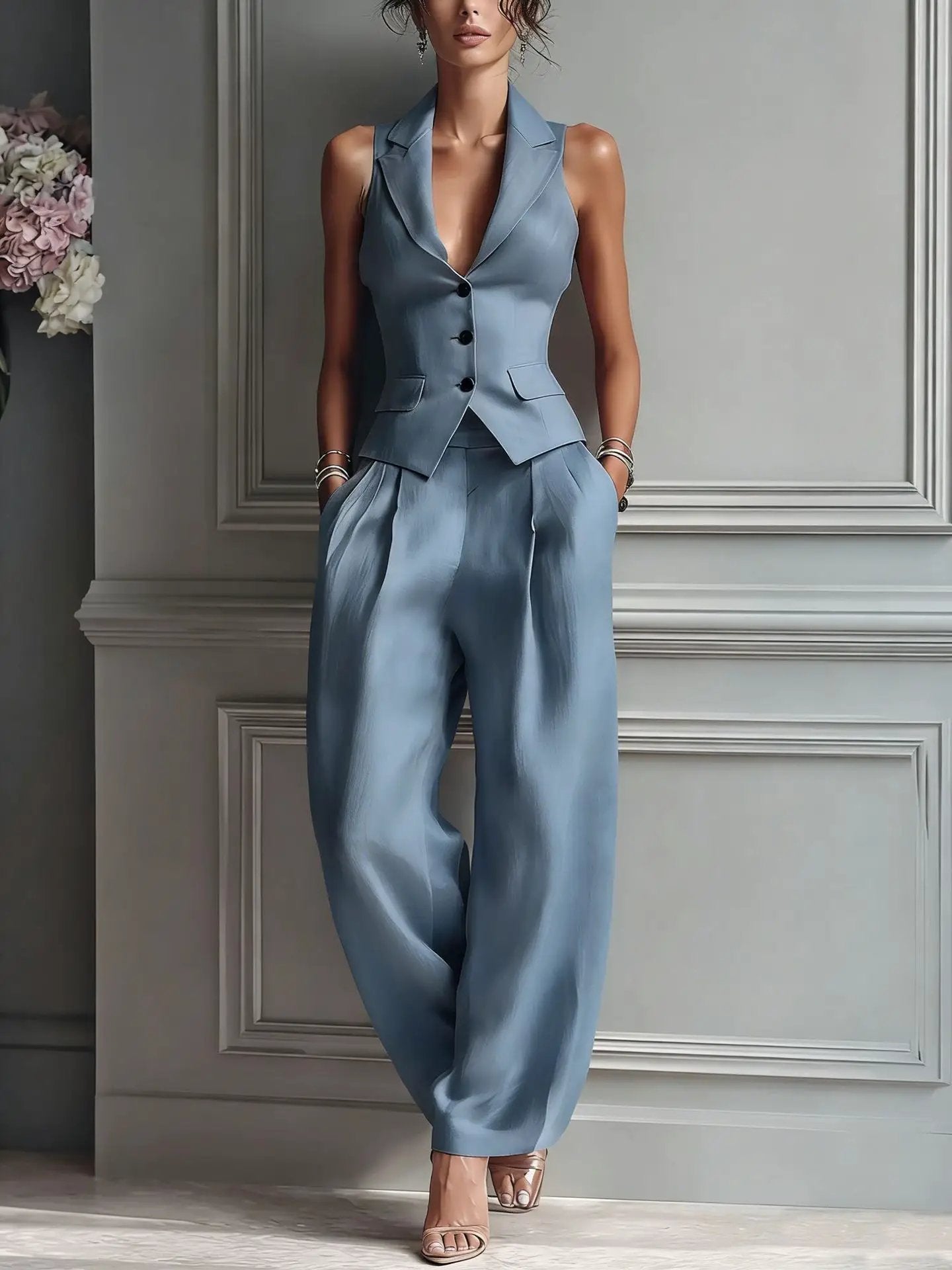 Casual Single-breasted Vest And Casual Pants Set by GJG Denim