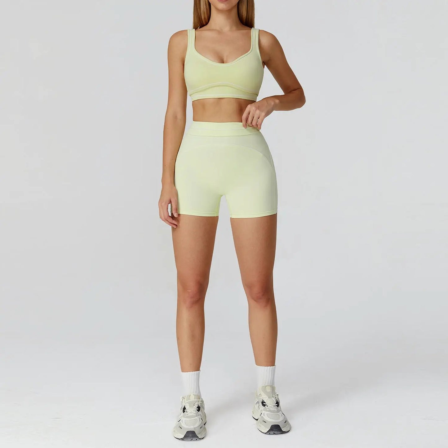 Contrast Color Brushed Yoga Suit Double-shoulder Strap High-grade Sports Workout Clothes by GJG Denim