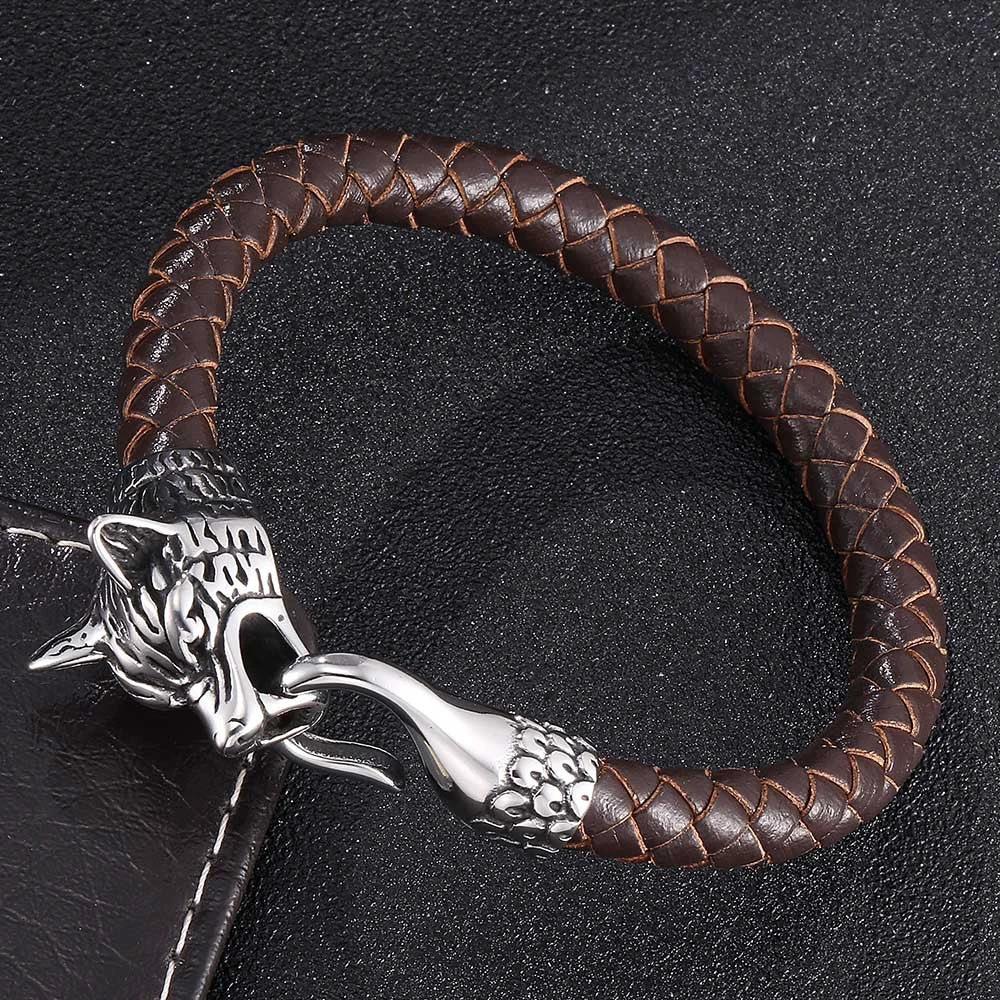 Fashionable Wolf Head Genuine Leather Braided Leather Cord Bracelet For Men by GJG Denim