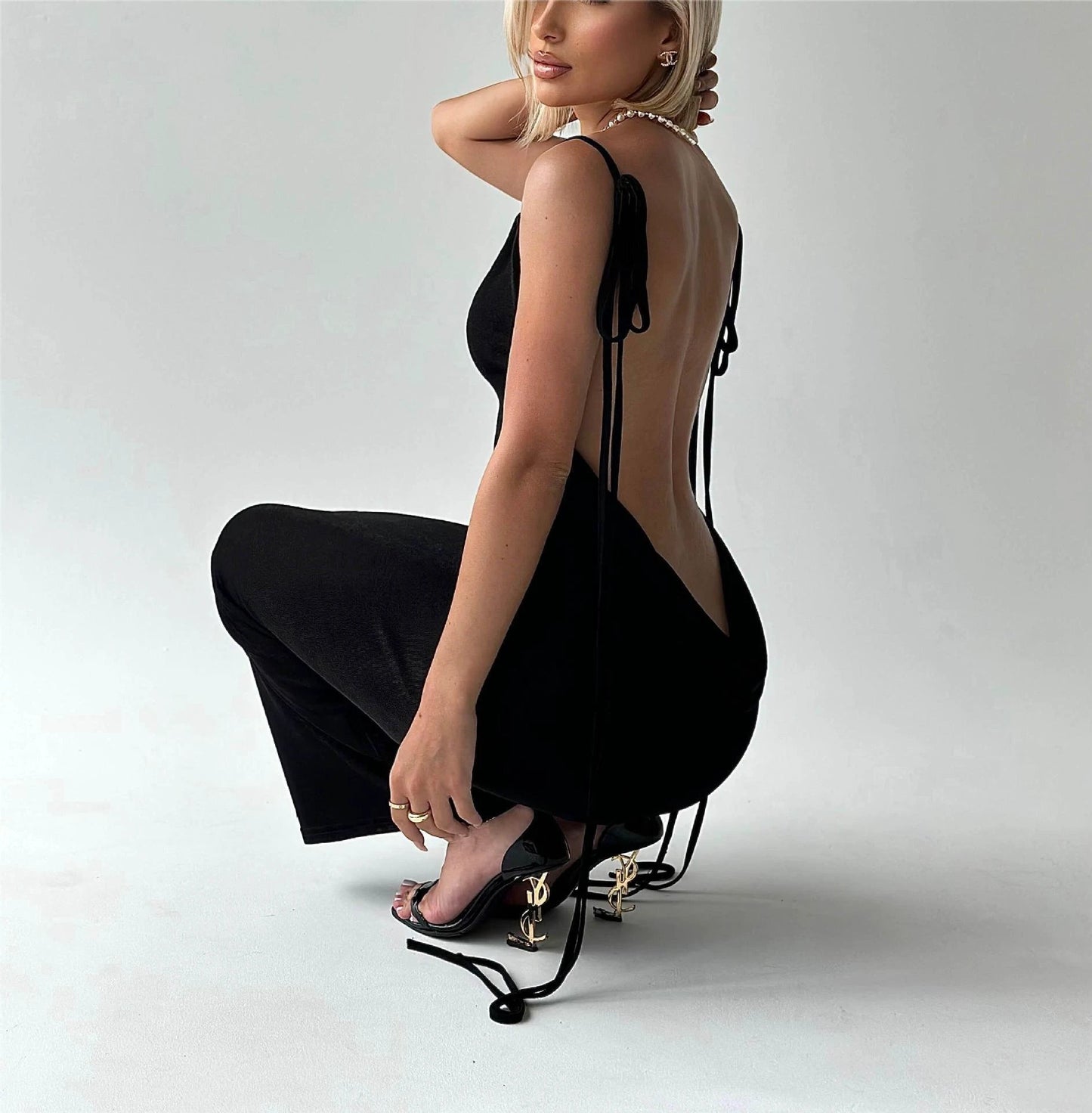 Sexy Slim Backless Dress Summer Camisole Gown Lace-up Long Dress by GJG Denim