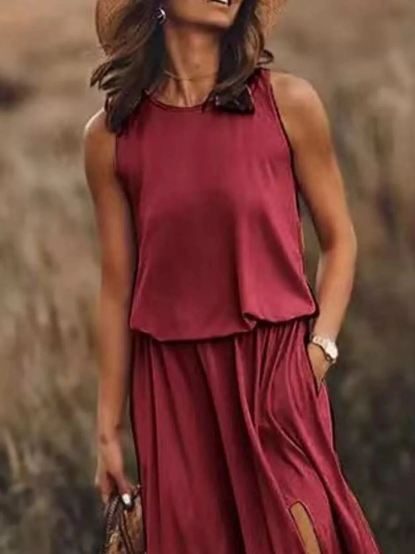 Full Size Round Neck Sleeveless Slit Maxi Dress Plus Size by Lady Ros