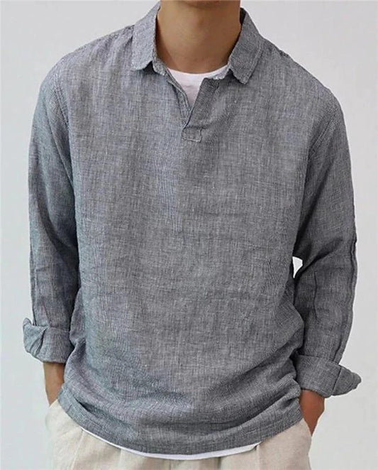 Men's Pullover Shirt Solid Color Long Sleeve Lapel Oversize Casual Top by GJG Denim