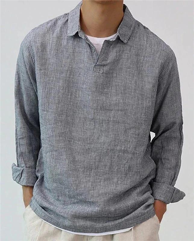Men's Pullover Shirt Solid Color Long Sleeve Lapel Oversize Casual Top by GJG Denim