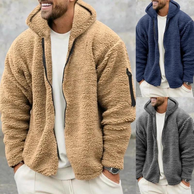 Plush Hooded Jacket Men's Autumn And Winter Fleece Double-sided Wear Warm Coat With Zipper Loose Casual Jacket Outdoor Clothing by GJG Denim