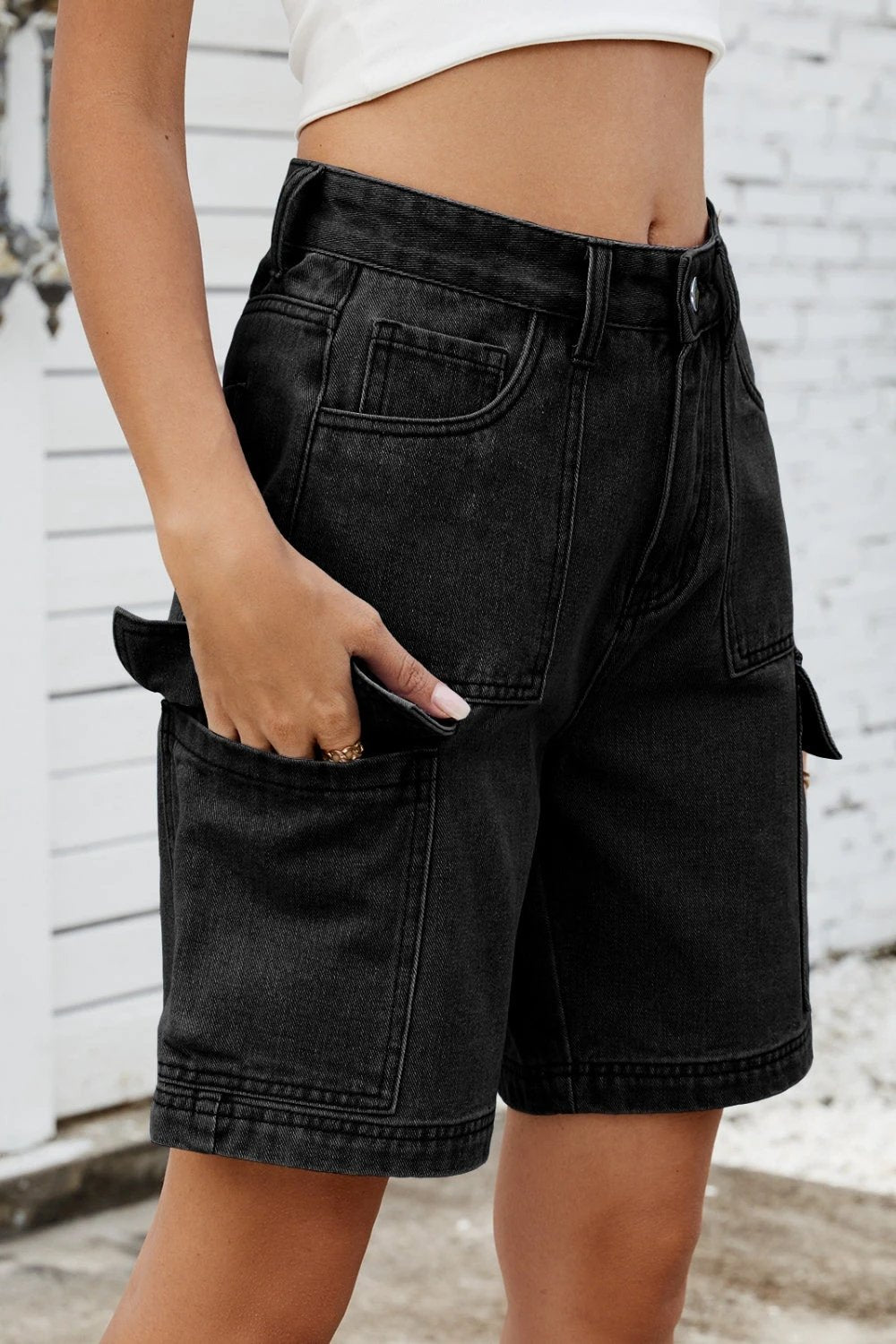 High Rise Denim Shorts with Cargo Pockets by Lady Ros