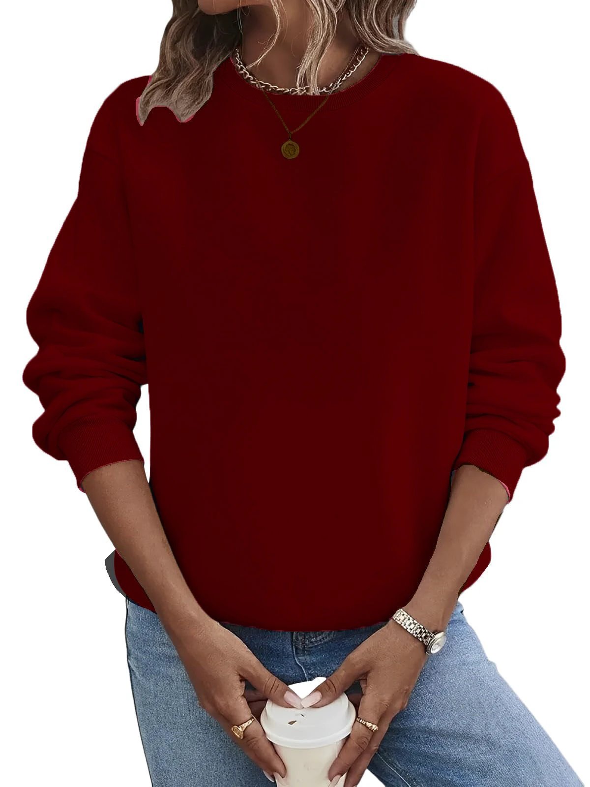 Solid Color Blank Round Neck Plus Size Fashion Sweater by GJG Denim