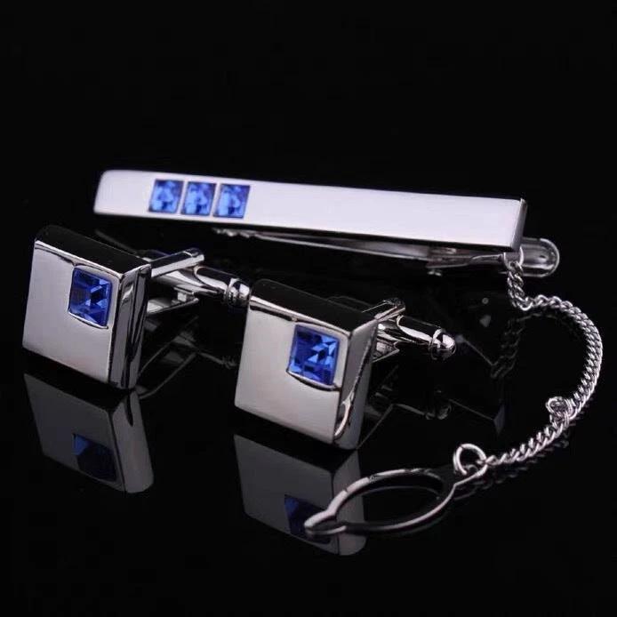 Men's Suit Shirt Rhinestone-encrusted Silver Cufflinks Tie Clip 3 Pieces Suit by GJG Denim