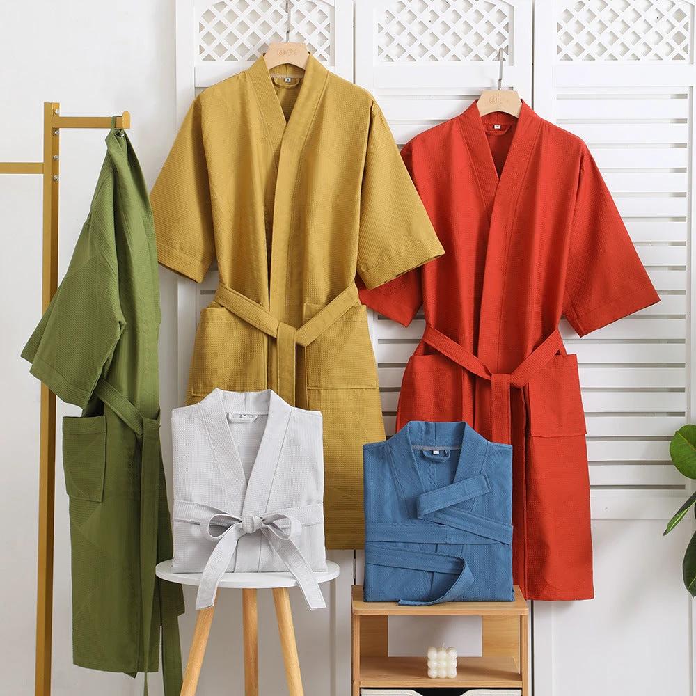 Cotton Single-layer Yarn Cropped Sleeves Mid-length Bathrobe by GJG Denim