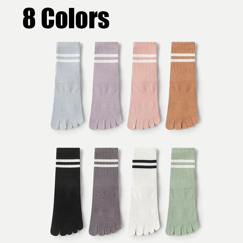 8 Pairs Women's Professional Non-slip Sports Yoga Running Fitness Multi-functional Mid-calf Solid Color Five-finger Dot Rubber Socks by GJG Denim