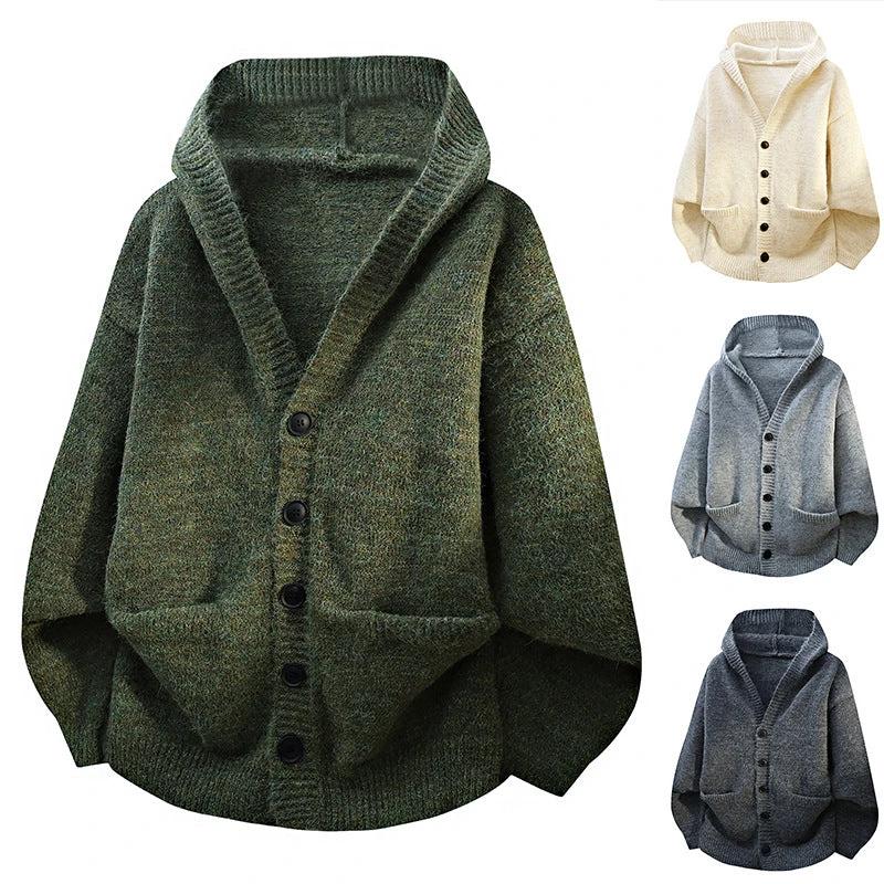 Men's Relaxed Loose-fitting Hooded Cardigan Knit Sweater by GJG Denim