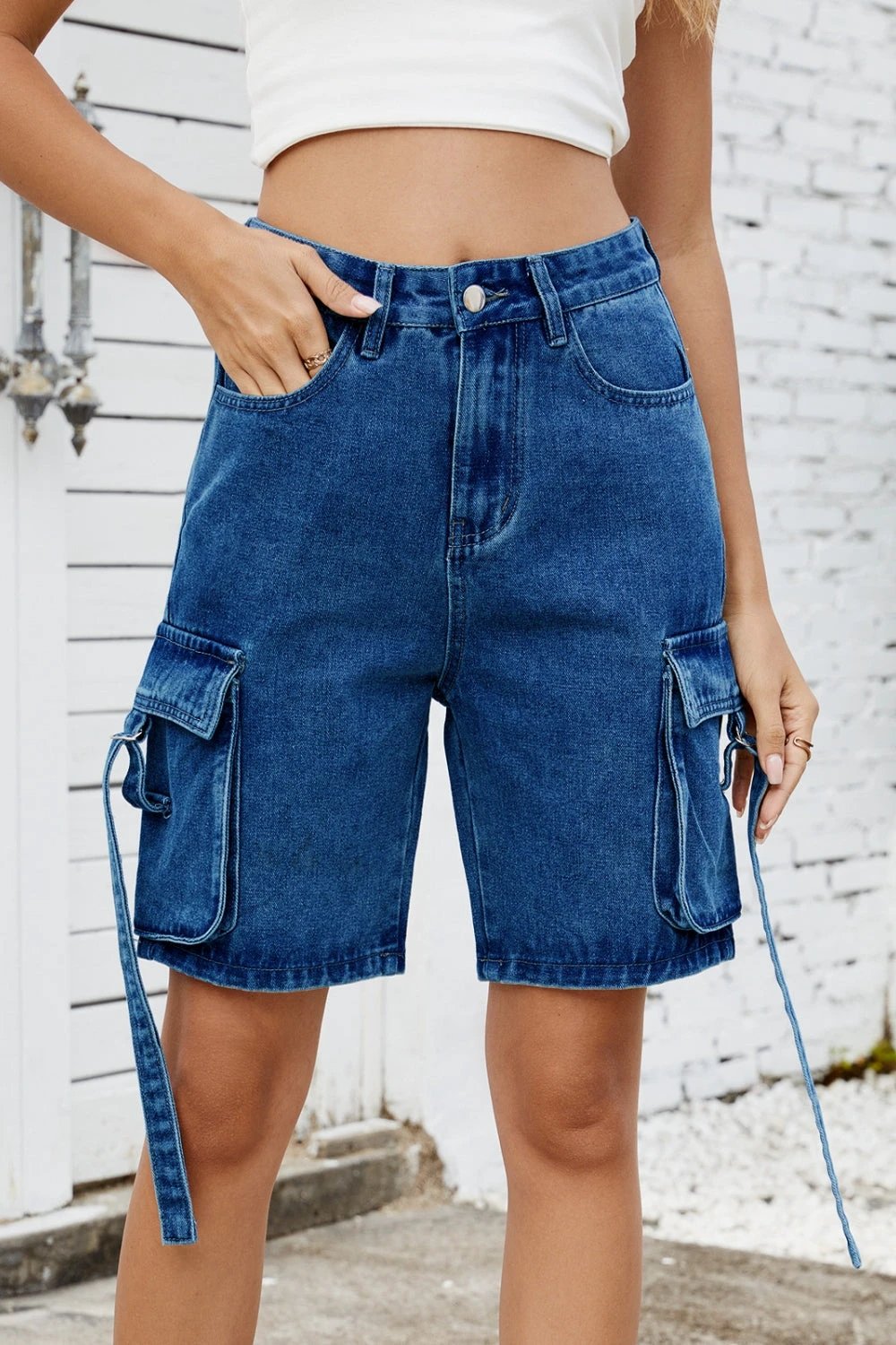 Washed Cargo Denim Shorts by Lady Ros