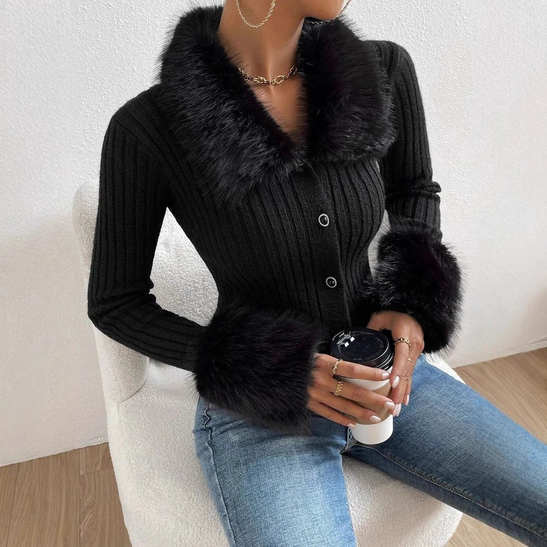 New V-neck Knitted Cardigan With A Slim Fit And A Fur-trimmed Collar by GJG Denim