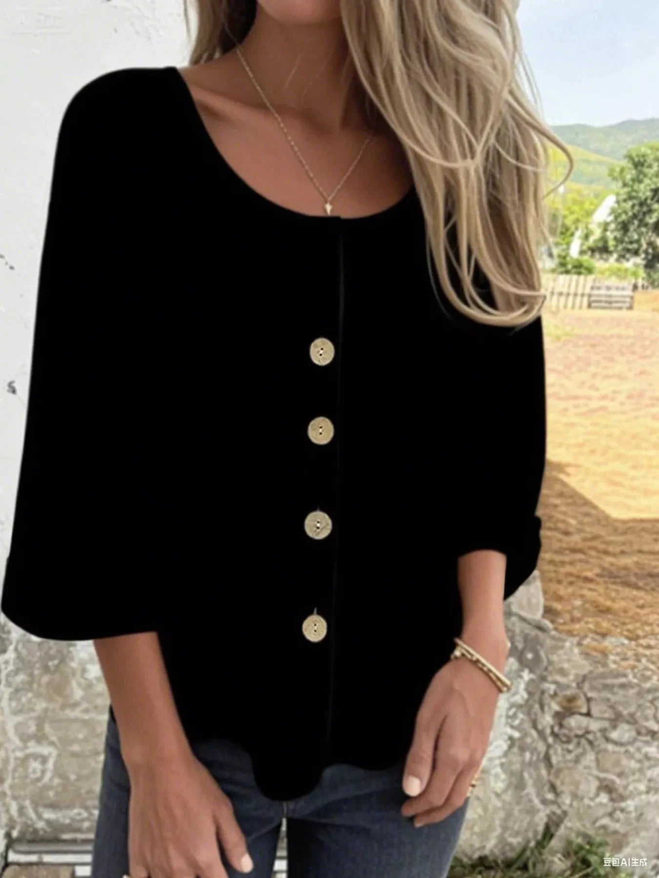 Full Size Button-Front 3/4 Sleeve Casual Blouse Plus Size by Lady Ros