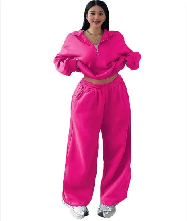 Casual Womens Fashion Half-Zip Pullover Hoodie And Pants Two-Piece Set by GJG Denim