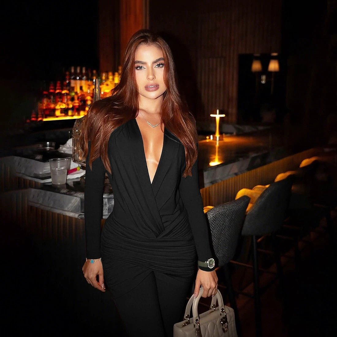 New Women's Fashion Sexy Deep V Long Sleeve Slim Fit Flared Jumpsuit by GJG Denim