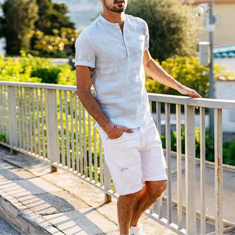 Men's Stand Collar Cotton Linen Short Sleeve Shirt by GJG Denim