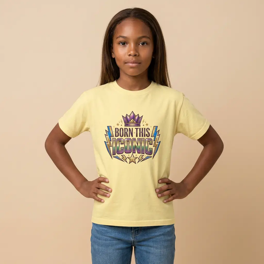 Youth Tee — "Born This Iconic" Crown Graphic by Printify