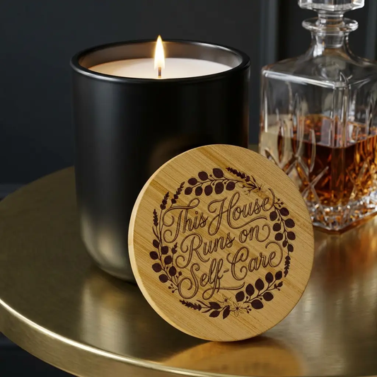 Engraved Soy Candle - "This House Runs on Self-Care" 14oz Scented Candle with Bamboo Lid by Printify