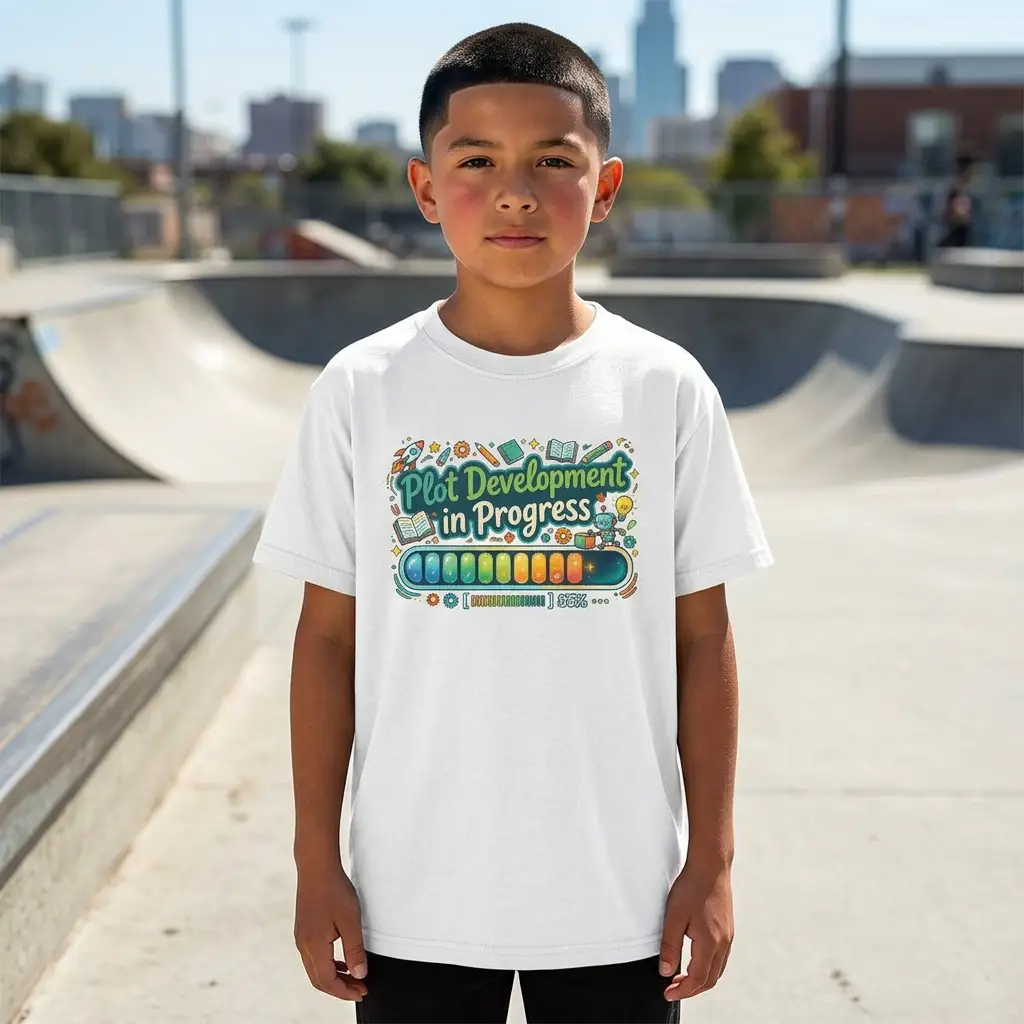 Youth Tee — "Plot Development in Progress" Writing Progress Bar Kids Shirt by Printify