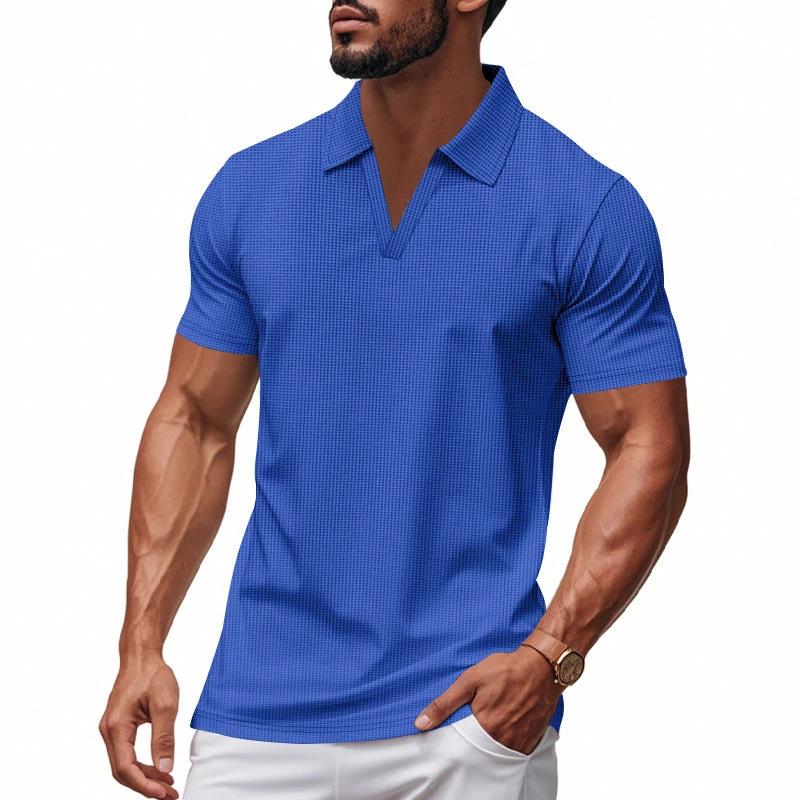 Summer Men's Loose Leisure Sports V-neck Waffle Short Sleeve Lapel Polo Shirt Men by GJG Denim