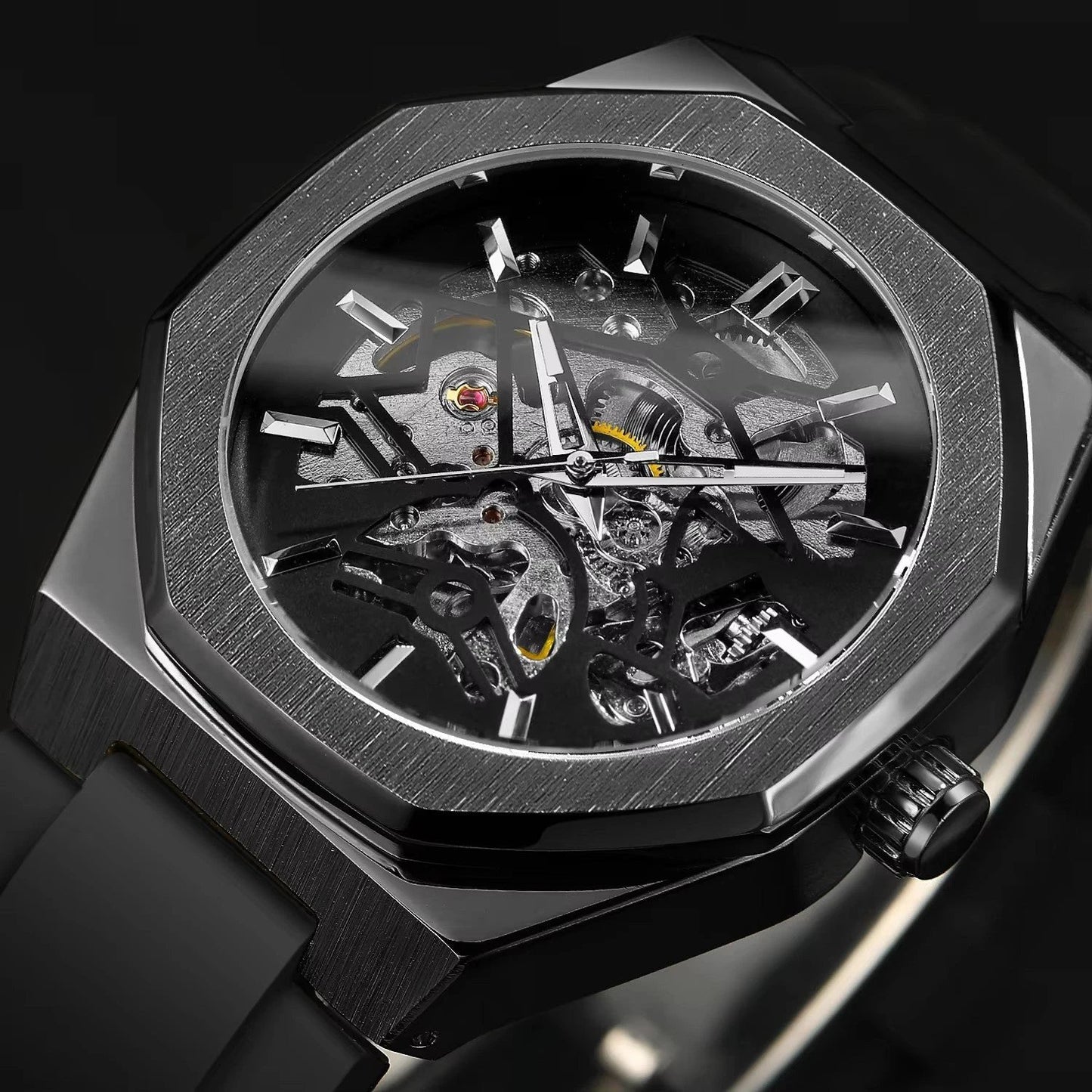 Casual Silver Hollow Skeleton Rubber-band Automatic Mechanical Watch For Men by GJG Denim