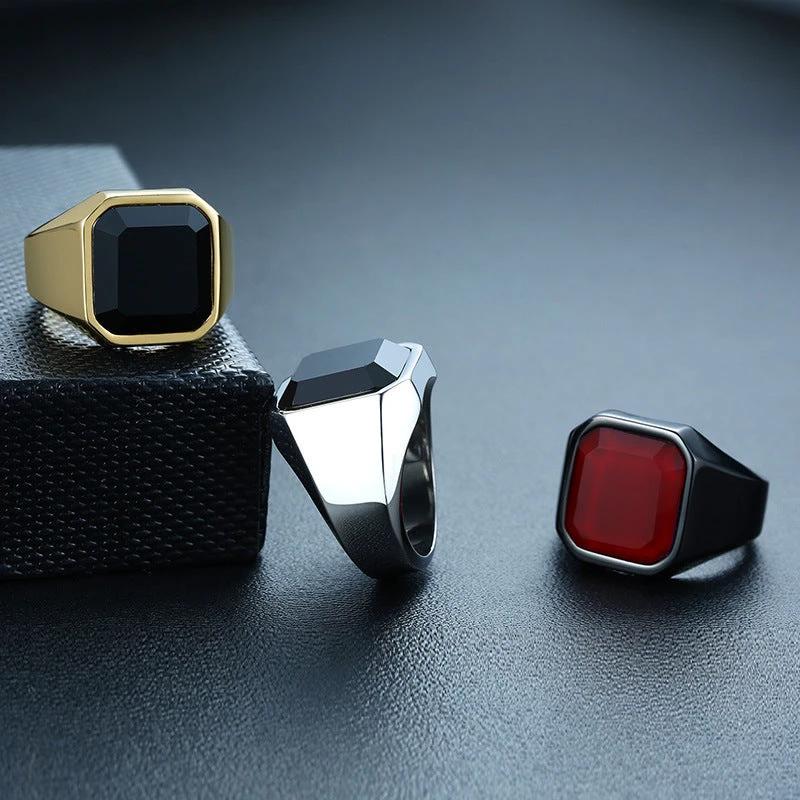 Men's Stainless Steel Black Agate Ring by GJG Denim