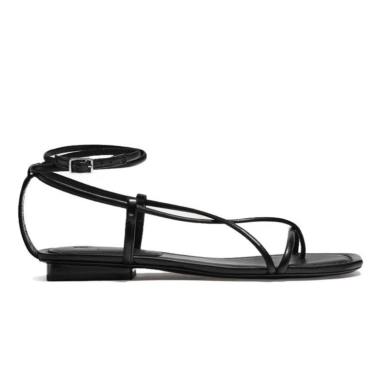 Multi-strap Flat Cowhide Sandals Lace-up Fashion Sandals Women's Shoes by GJG Denim