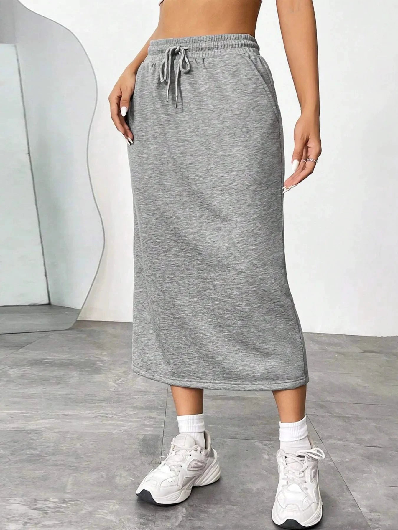 Slit Drawstring Midi Skirt by Lady Ros