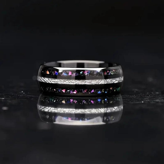 Stainless Steel With Starry Sky Colorful Silver Silk Opal Ring For Men by GJG Denim