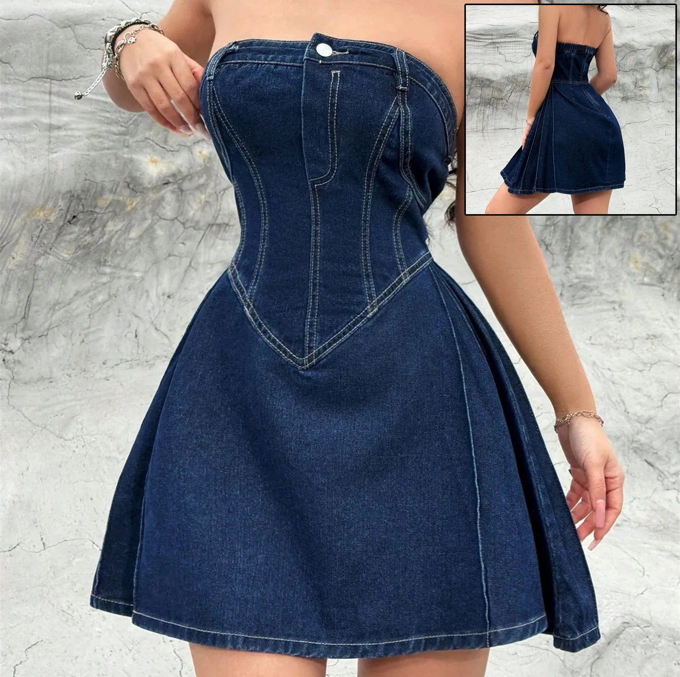 Women's Summer Off-shoulder Low Collar Sexy Fishbone Waist Tight Denim Dress Strapless Sexy Dress Trend Skinny Hipster Party Clubwear Y2K Bodycon by GJG Denim