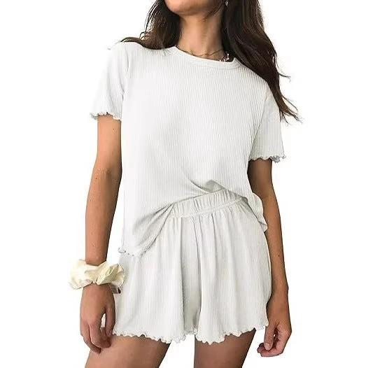 Relaxed Casual Cre Neck Short Sleeve Top And Shorts Set by GJG Denim