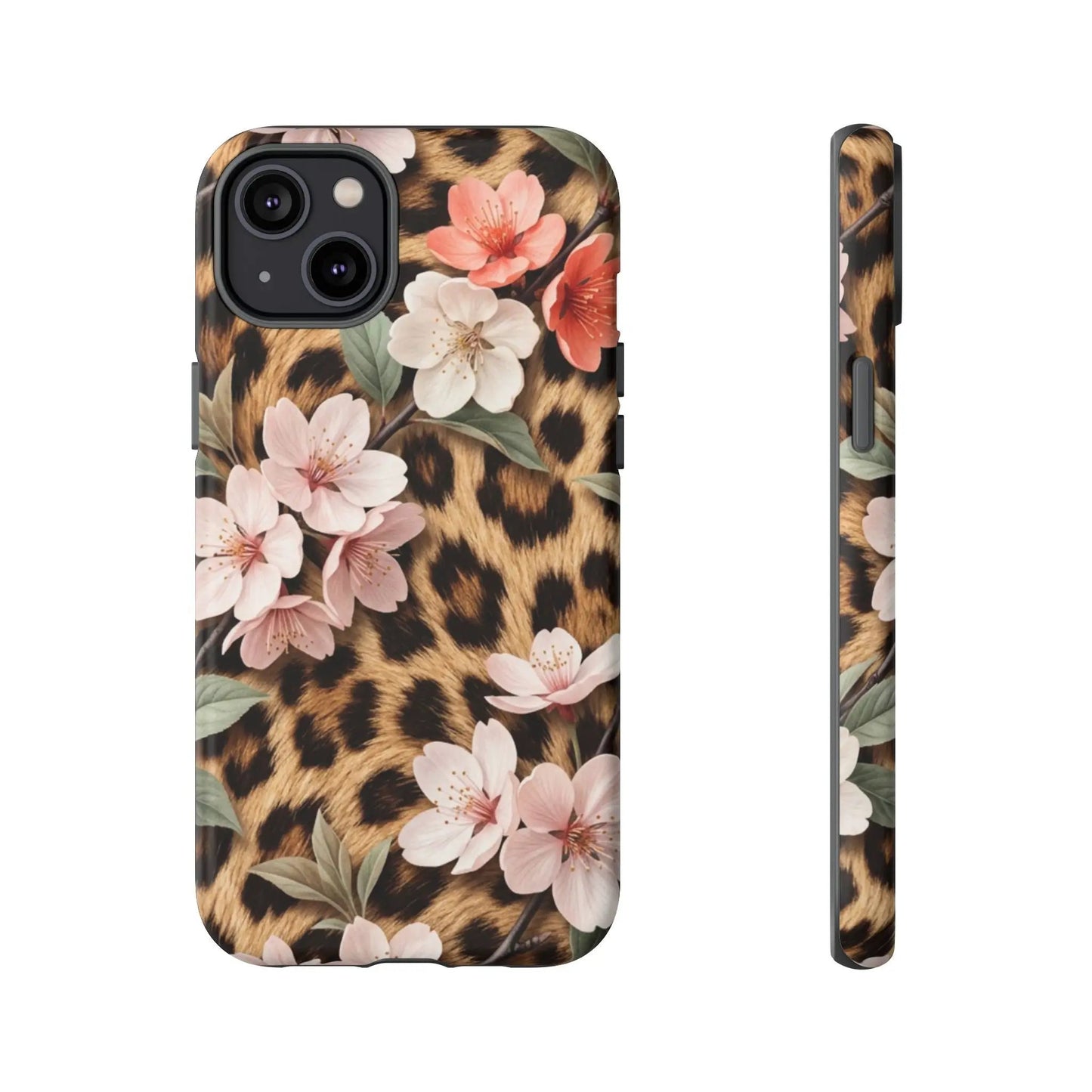 Leopard Floral Tough Case — Protective Phone Case with Pink Cherry Blossoms by Printify