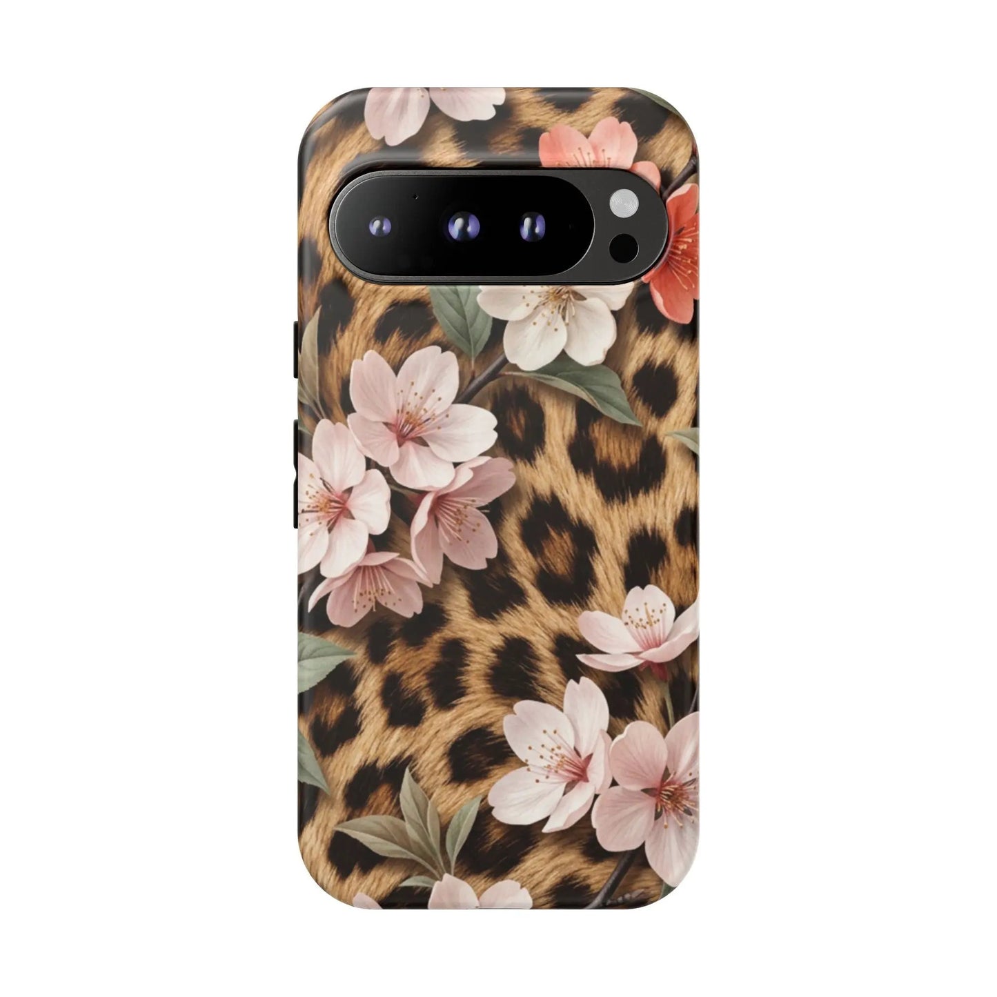 Leopard Floral Tough Case — Protective Phone Case with Pink Cherry Blossoms by Printify
