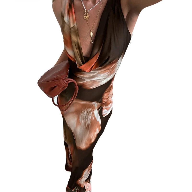 Retro Swing Collar Printing Color Contrast High Waist Long Dress by GJG Denim