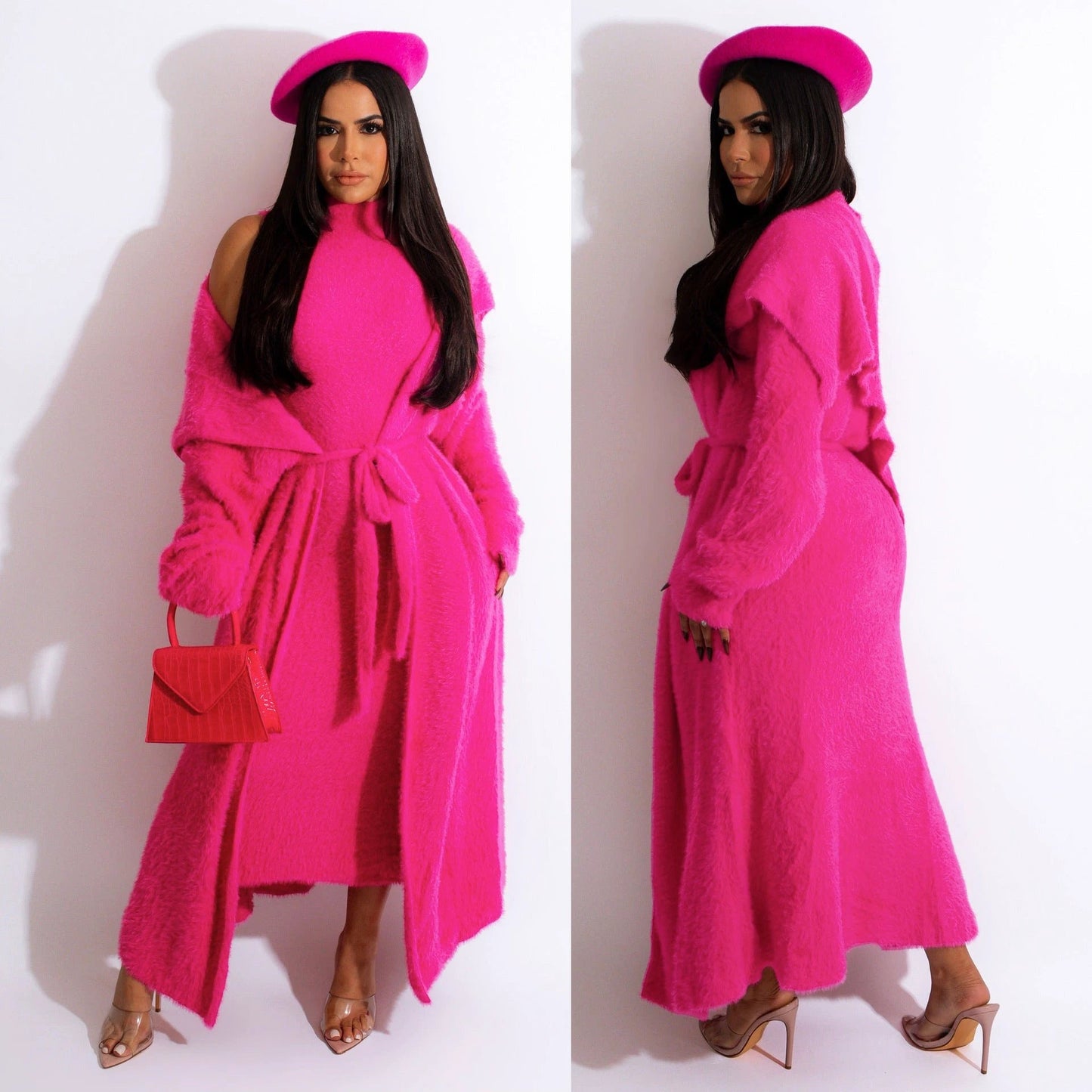 Autumn And Winter Elegant Dress Long Cardigan Velvet Two-piece Suit by GJG Denim