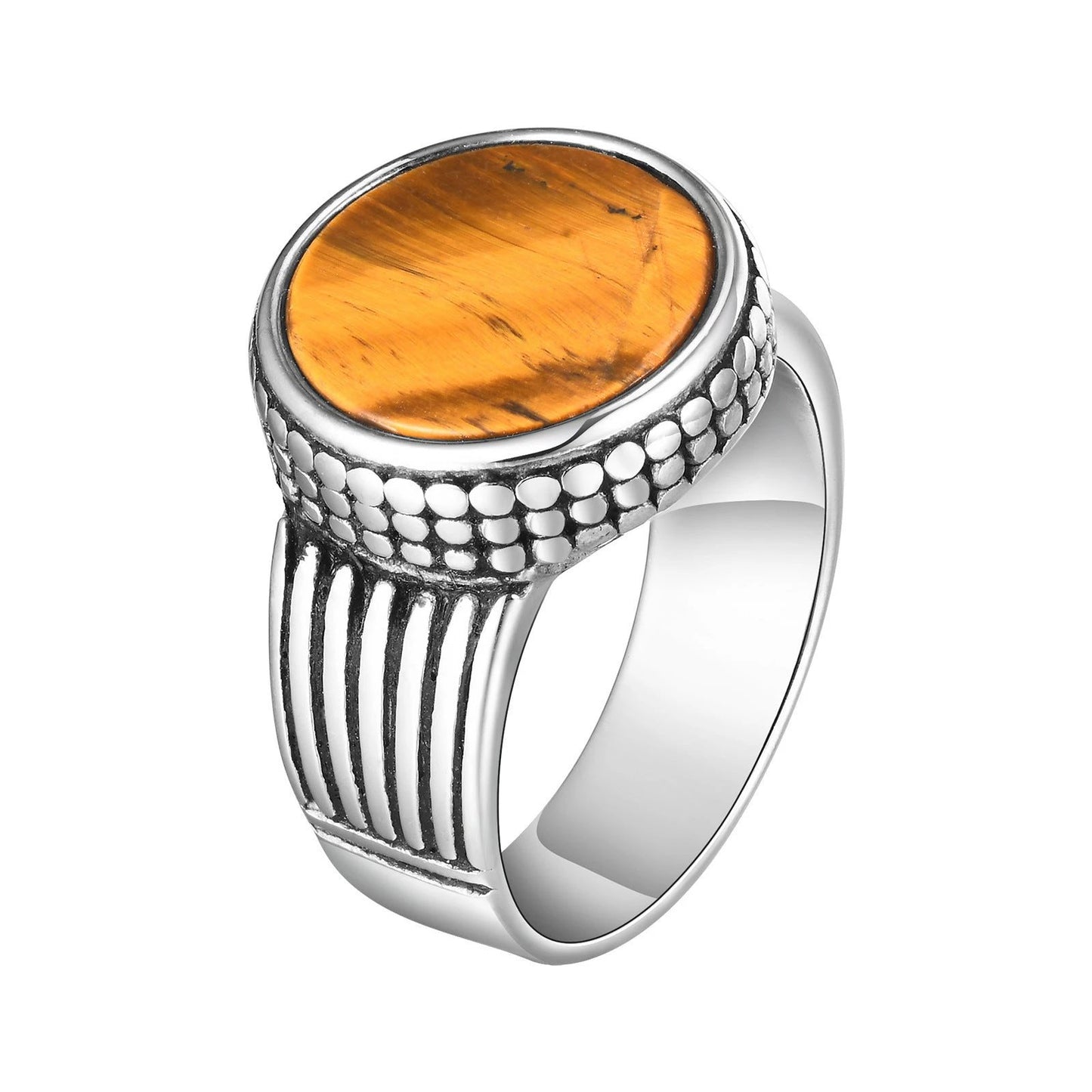 Stainless Steel Men's Tiger Eye Stone Cast Ring Vintage Style by GJG Denim