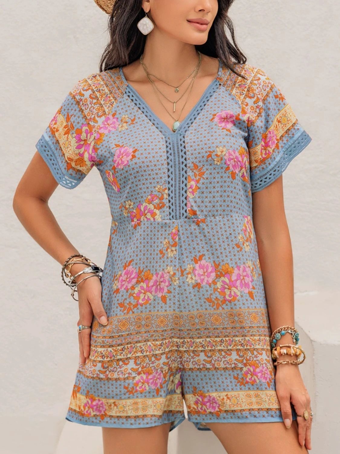 Printed V-Neck Short Sleeve Romper by Lady Ros